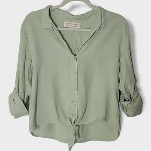 Cloth & Stone Pistachio Green 100% Linen Button Down Waist Tie Top Size Small